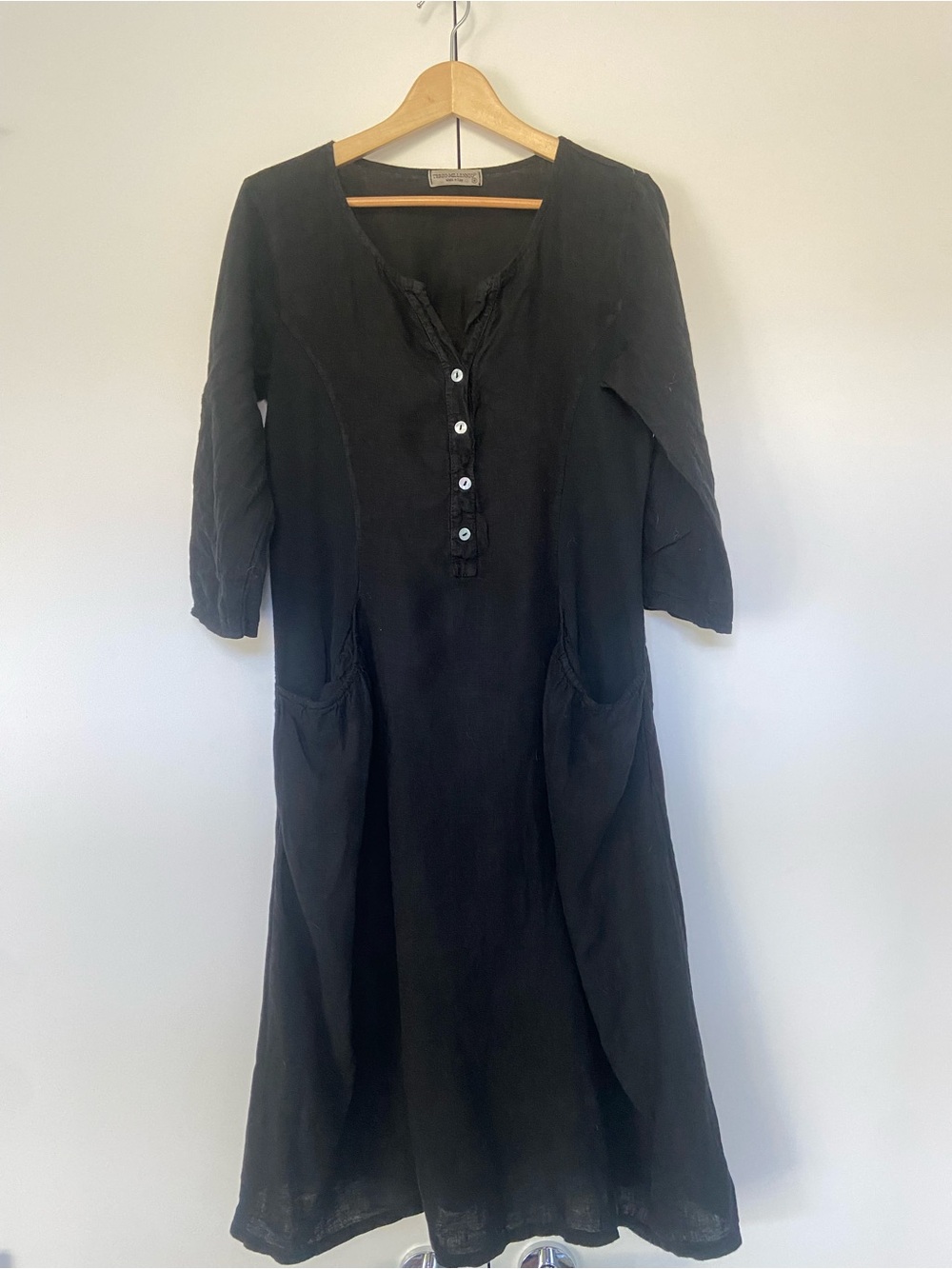 TERZO MILLENIO 100% Linen Black Midi Dress Medium Cotton Elastane Inserts Pocket